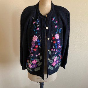 vintage black cardigan sweater w/ floral embroidery